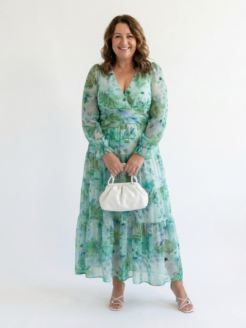 Abito lungo a fiori con scollo a V – Verde