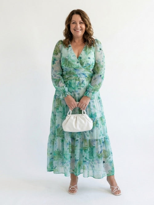 Abito lungo a fiori con scollo a V – Verde