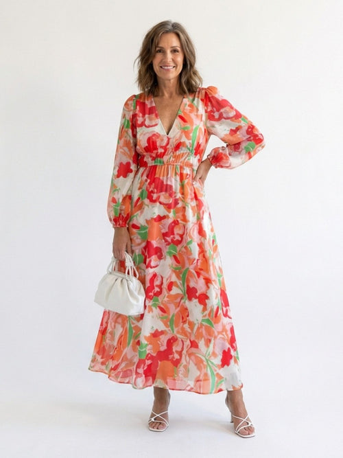 Abito lungo a fiori con scollo a V – Arancione