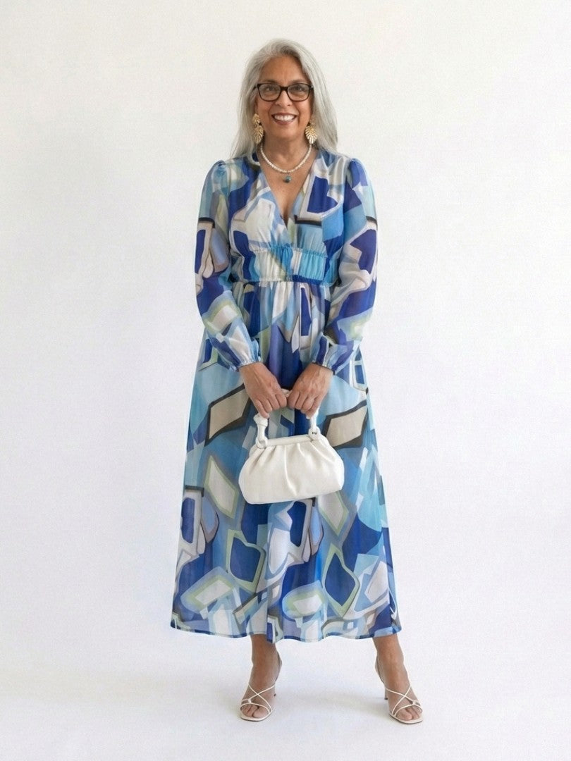 Abito lungo a fiori con scollo a V – Blu