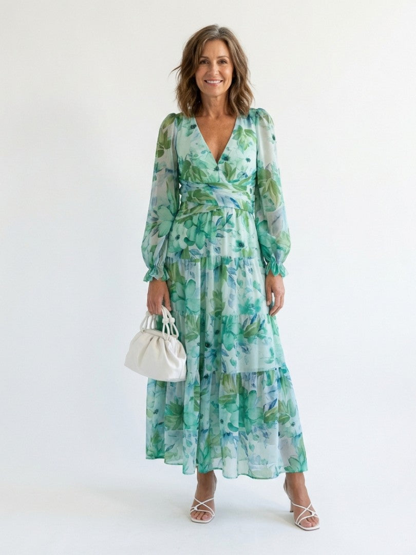 Abito lungo a fiori con scollo a V