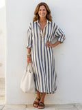 Abito midi a righe con colletto a punta – Blu