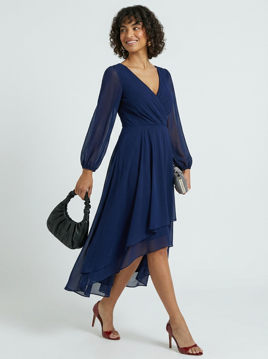 Abito midi drappeggiato con scollo a V incrociato