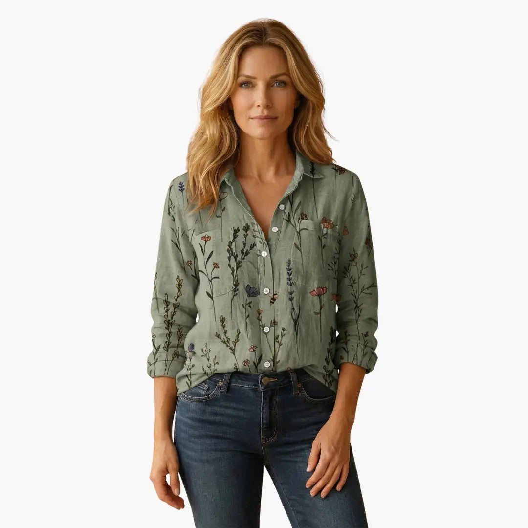 Camicia a fiori con taschini sul petto – Verde