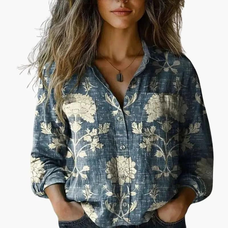 Camicia a fiori con taschini sul petto – Blu