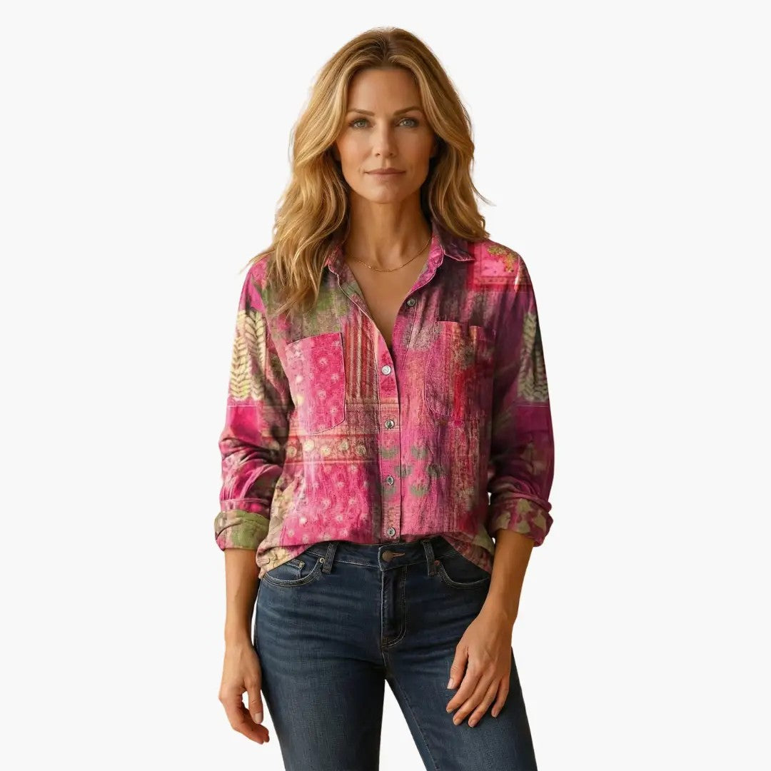 Camicia a fiori con taschini sul petto – Rosa