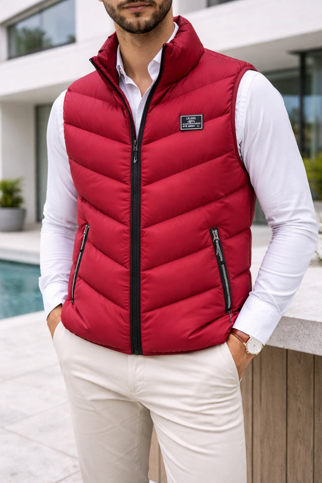 Gilet trapuntato con collo alto – Rosso