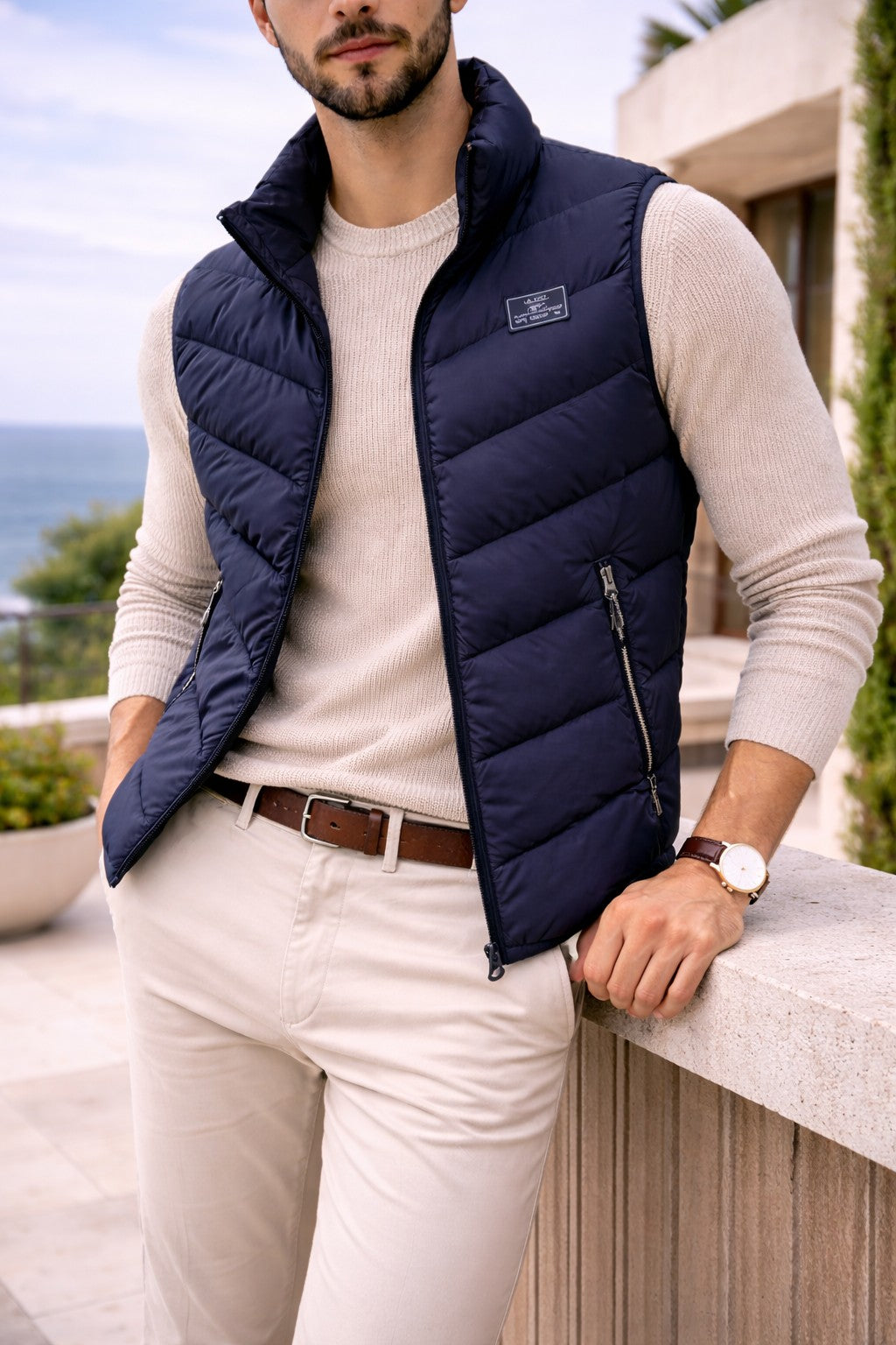 Gilet trapuntato con collo alto – Blu navy