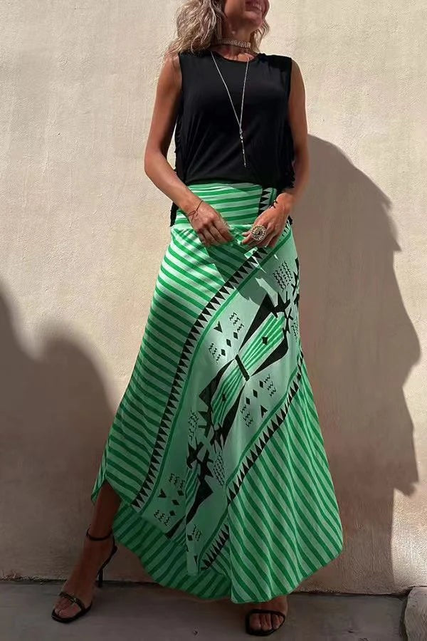 Gonna lunga svasata con motivo geometrico – Verde