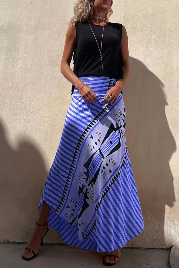 Gonna lunga svasata con motivo geometrico – Blu
