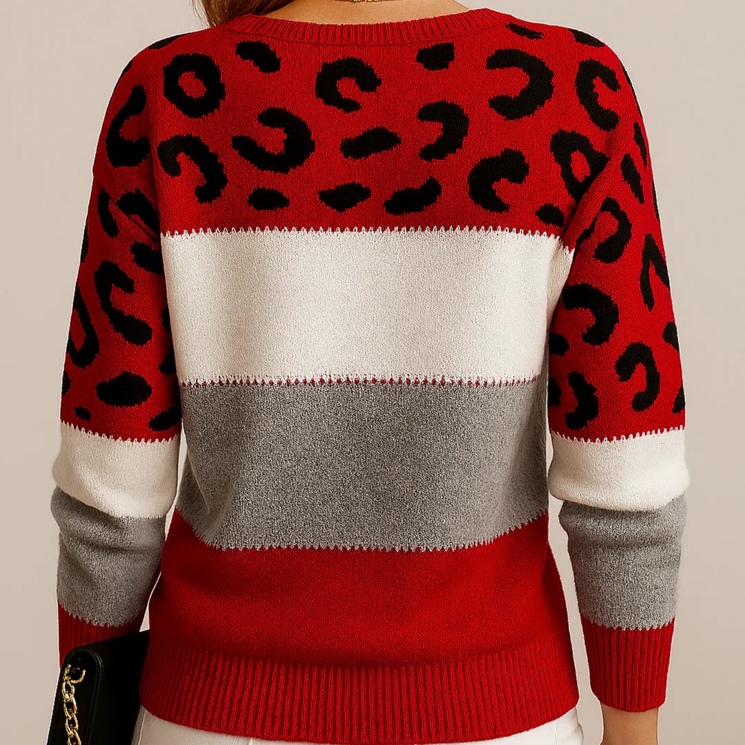 Maglione a blocchi di colore con motivo leopardato – Rosso