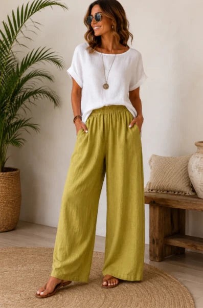 Pantaloni a gamba larga con vita elastica – Verde oliva