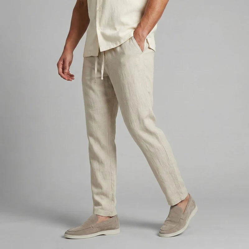 Pantaloni dritti con cordoncino in vita – Beige