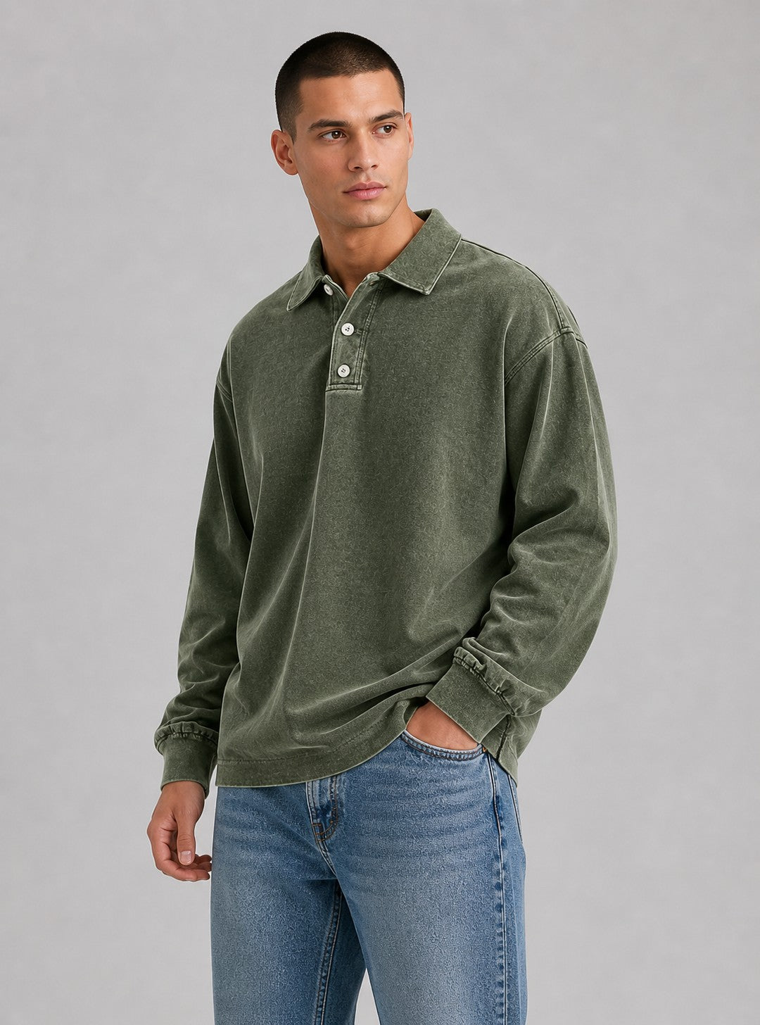 Polo ampia a maniche lunghe – Verde oliva