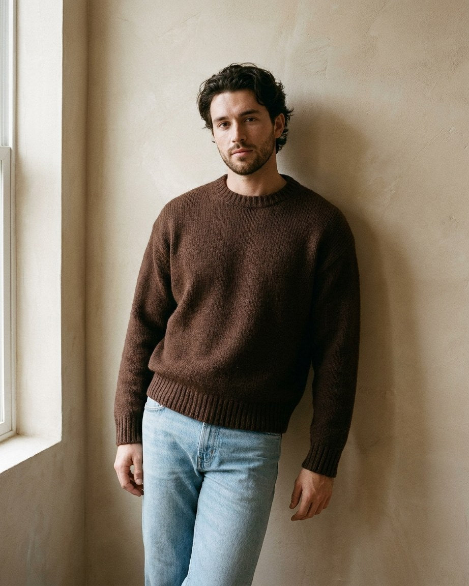 Uomo in maglione girocollo e jeans dritti